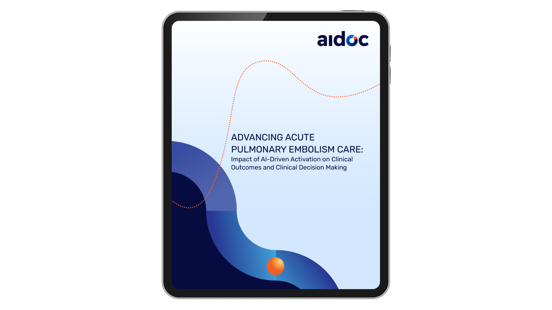 tablet screen displaying the text 'advancing acute pulmonary embolism care: impact of ai-driven activation on clinical outcomes and clinical decision making'