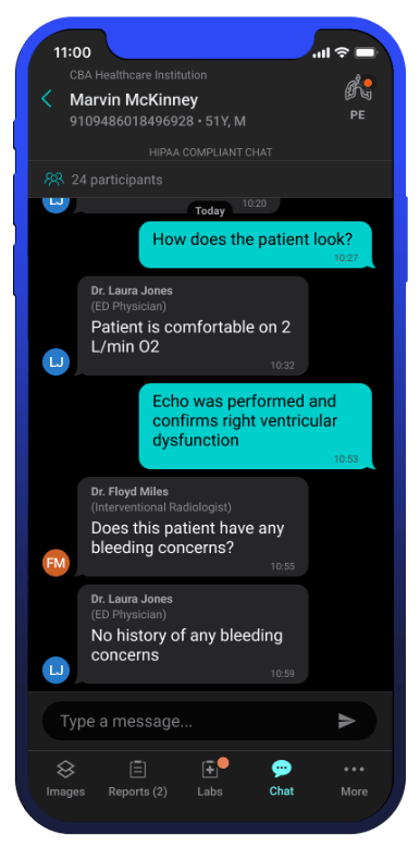 Aidoc VTE Solutions Cross-Departmental Chat on an iPhone