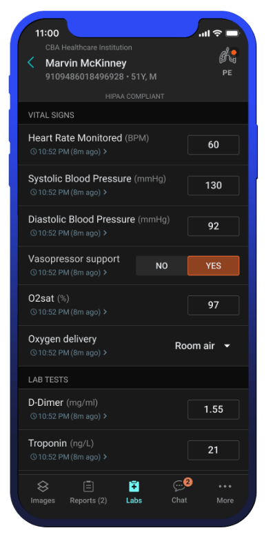 Aidoc VTE Solutions EHR Integration With Labs-Vitals on an iPhone