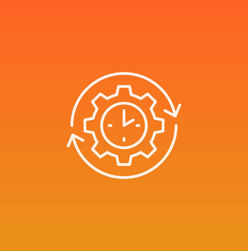 Gear and clock with circular arrows around them icon on orange background