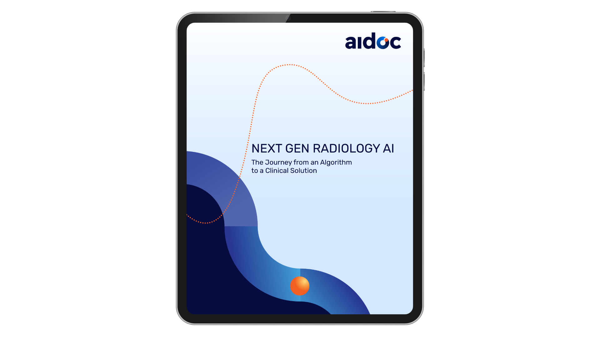 tablet screen displaying the text 'next gen radiology ai: the journey from an algorithm to a clinical solution'