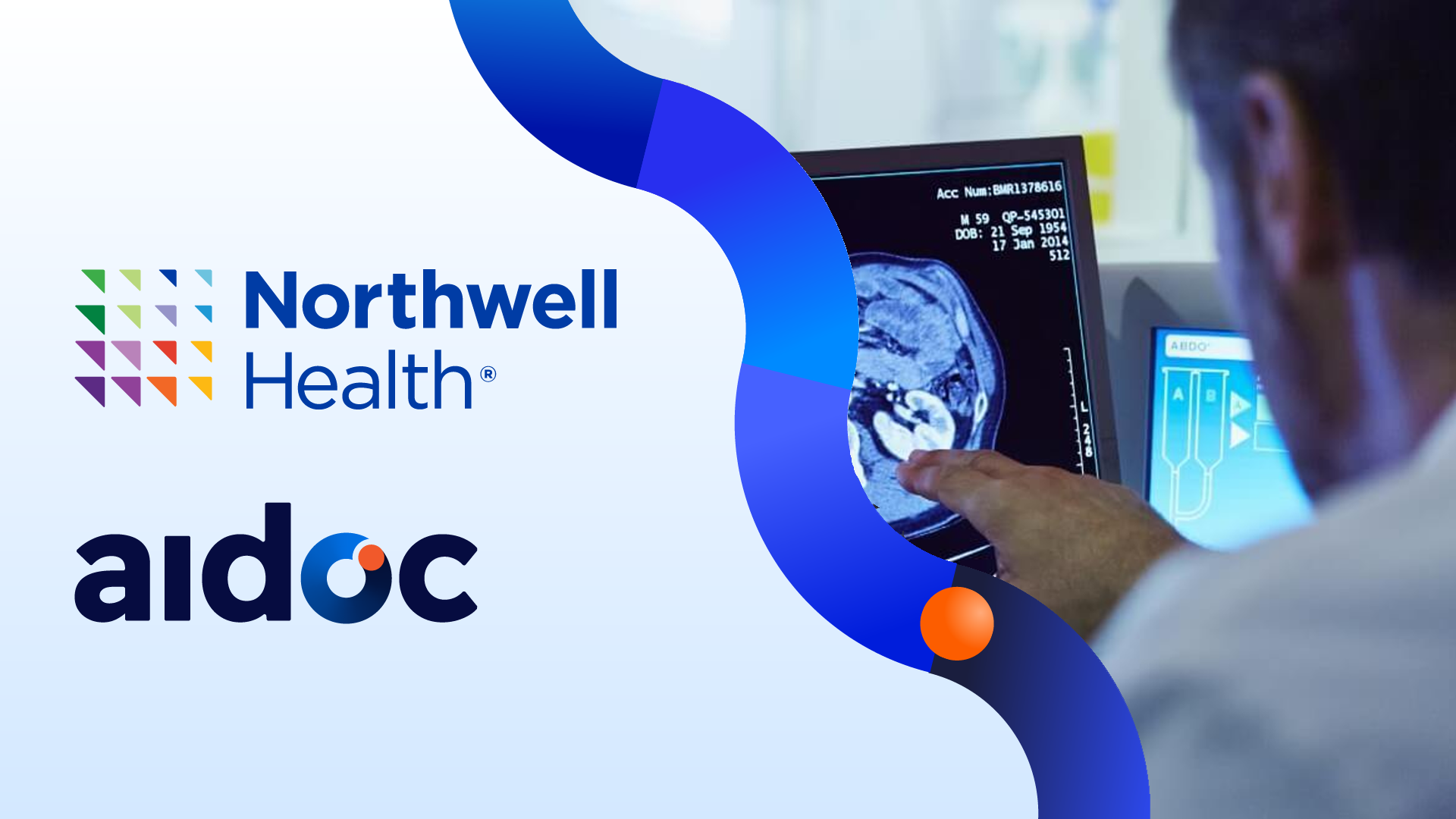 Aidoc and Northwell Health logos next to a doctor looking at AI imaging