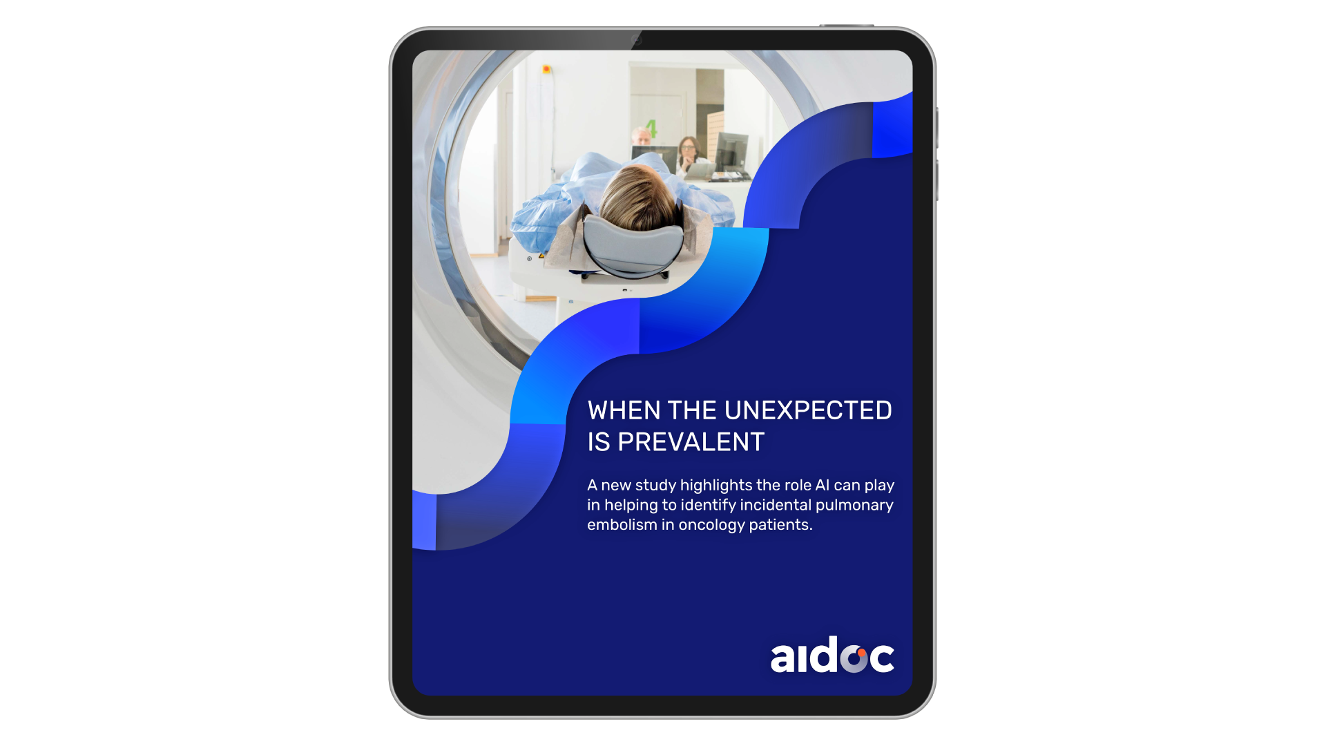 tablet screen displaying the text 'when the unexpected is prevalent: a new study highlights the role ai can play in helping to identify incidental pulmonary embolism in oncology patients'