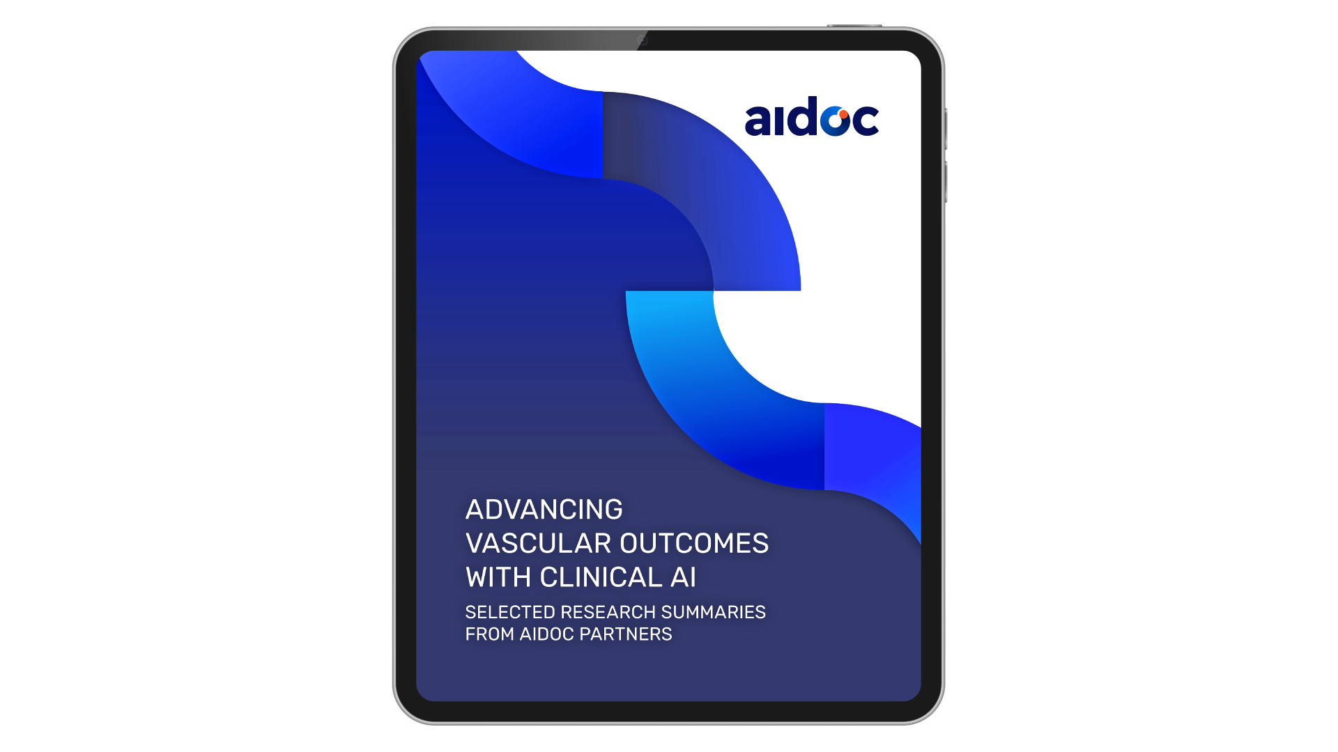 tablet screen displaying the text 'advancing vascular outcomes with clinical ai: selected research summaries from aidoc partners'