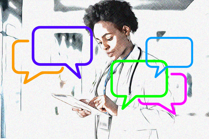 Female medical professional looking at a tablet with multicolored speech bubbles around her