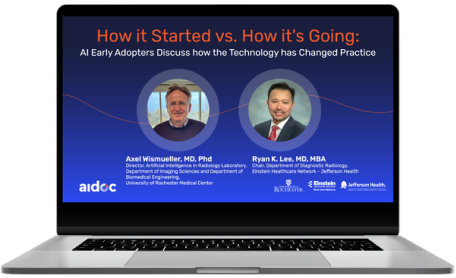 laptop screen displaying a webinar titled 'how it started vs. how it’s going: AI early adopters discuss how the technology has changed practice,' featuring Axel Wissmueller and Ryan K. Lee