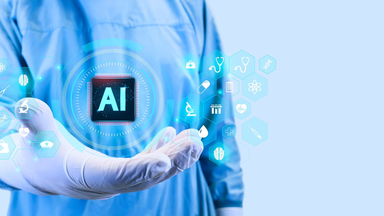 healthcare professional interacting with a holographic 'ai' interface, emphasizing key considerations when selecting aiOS as a clinical ai vendor